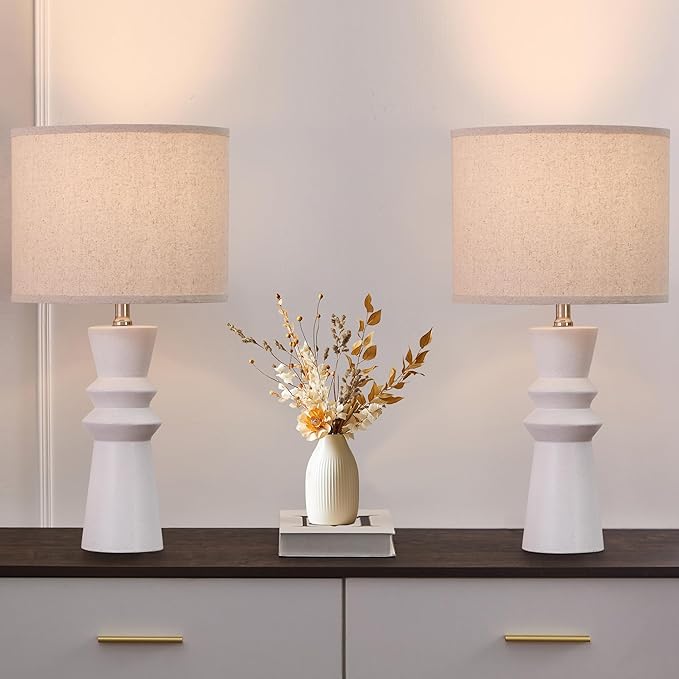 24.75" White Ceramic Table Lamps Set of 2 - Modern Minimalist White Lamps Set of 2 for Living Room, Bedroom & Console Tables, End Tables