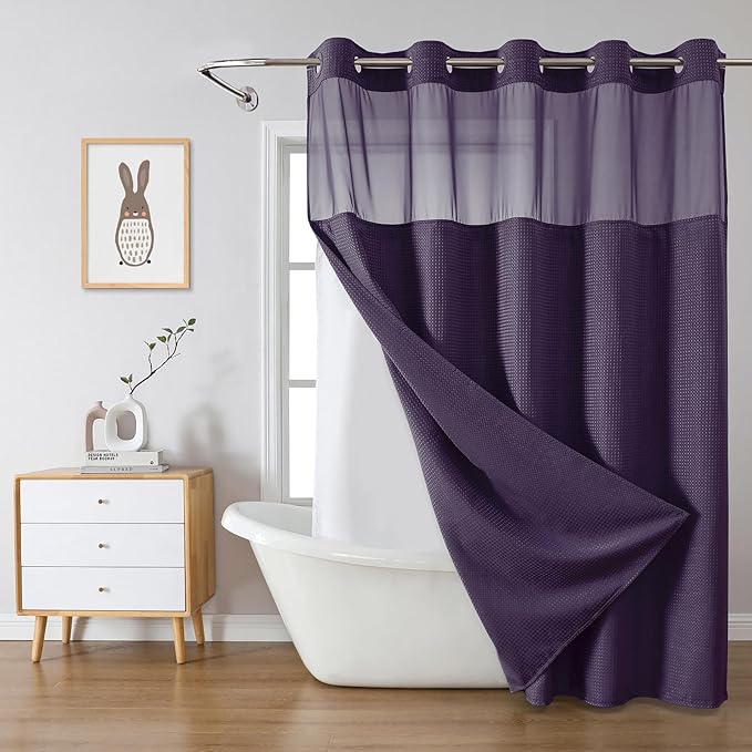 Purple No Hook Waffle Weave Shower Curtain with snap-in Liner Replacement, 230GSM Waterproof Fabric Hotel Shower Curtain Set for Bathroom, Through Mesh Top Window,71Wx74H