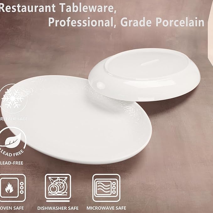 Ceramic Serving Platters, White Oval Relief Platters, Entertaining Modern Kitchen Dishes, for Dinner, Fruit, Salad, Pasta - Microwave, Oven&Dishwasher Safe, 12 Inch Oval Set of 4