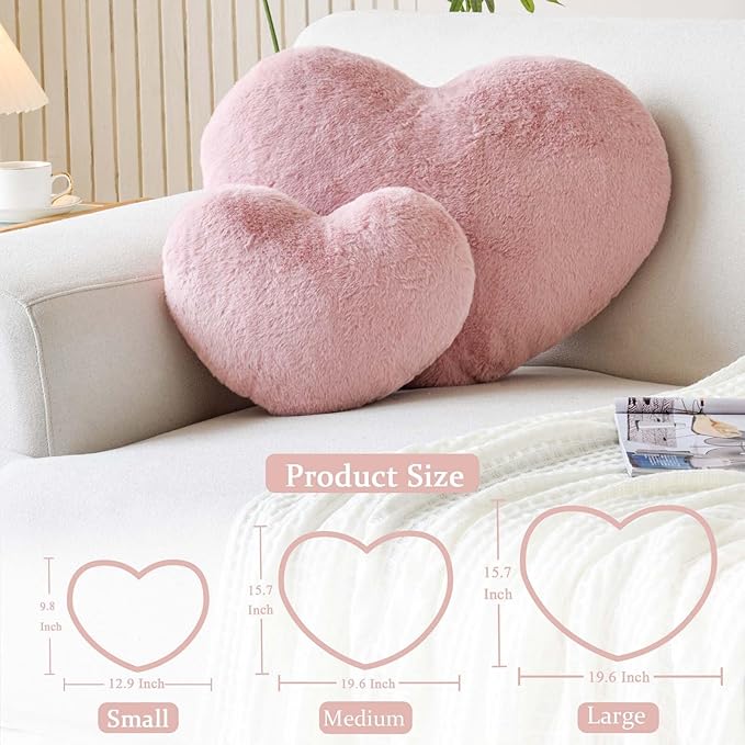 Dusty Pink Heart Pillows, Cute Heart Decorative Pillow, Heart Shaped Throw Pillows for Bed, Faux Rabbit Fur Plush Hoom Decor Pillow Cushion for Chair Sofa Living Room (Large-19.6"x15.7")