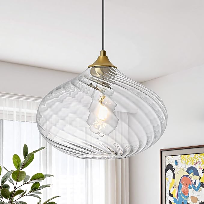 Glass Pendant Lights Kitchen Island, Brass Gold Pendant Lighting Fixtures, Modern Hanging Ceiling Light with 11'' Striped Clear Glass Shade for Farmhouse Dining Room Bedroom Hallway(1 Pack)