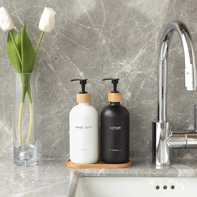 Black and White Soap Dispenser Bathroom Set with Hand Soap Dispenser and Lotion Dispenser, Bamboo Pumps & Tray Suitable for Bathroom Counter Decor. (White&Black)