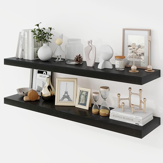 40 Inch Floating Shelves, 9.3" Deep Floating Shelf Wall Mounted, 40" Wall Shelves, Rustic Deep Bookshelf, Large Display Shelves & Storage Shelves for Bedroom, Living Room, Black, Set of 2