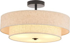 Modern Semi Flush Mount Ceiling Light 18" Modern 3-Lights Black Drum Ceiling Lighting Fixture with Linen Shade Vintage Ceiling Lamp for Kitchen, Basement, Laundry Room, Bedroom