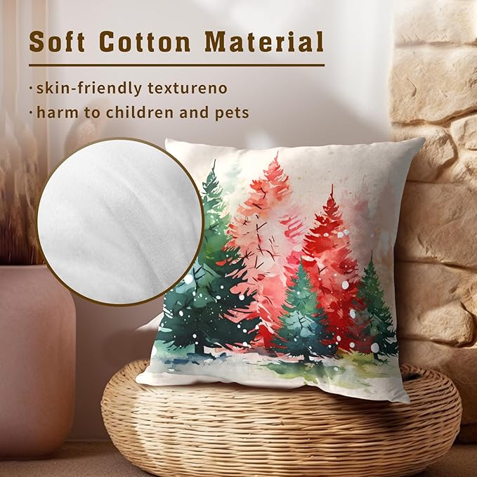 Watercolor Christmas Tree Pillow Covers Set of 2-18X18 Inch Red Green Xmas Pine Trees Decorative Pillow Cases Cushion Cover for Couch Sofa Bed,Winter Holiday Home Decor