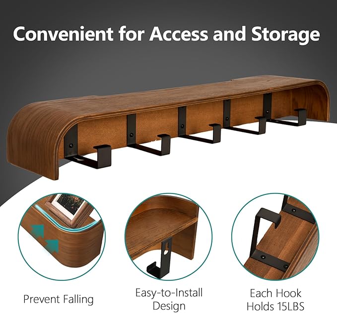 Coat Rack Wall Mount with Hidden Hooks Entryway Hanging Shelf Modern Wood Coat Hanger for Bedroom Kitchen Hallway Bathroom (Walnut, 20.9 Inch Long)