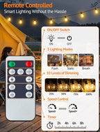 100FT(4x25FT) Solar String Lights Outdoor with Remote, Waterproof Dimmable 3 Modes Patio Light with 40+3 LED G40 Bulbs for Camping Porch-Black