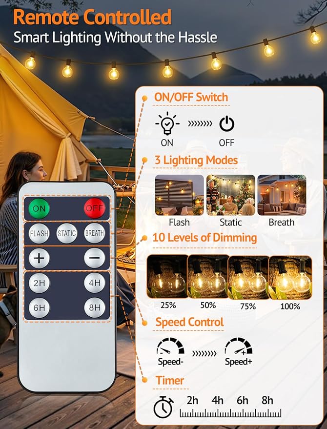 100FT(4x25FT) Solar String Lights Outdoor with Remote, Waterproof Dimmable 3 Modes Patio Light with 40+3 LED G40 Bulbs for Camping Porch-Black