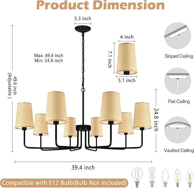 8-Light 39" Black with Fabric Shades Chandelier Farmhouse Linear Island Lighting Fixture Large Adjustable Pendant Lighting Fixtures for Living Room Kitchen Island Dining Room