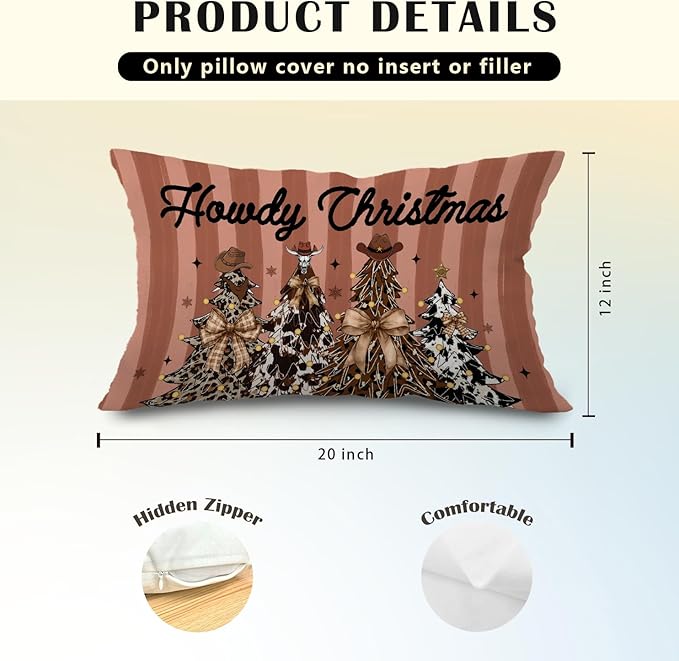 JINYO Howdy Western Christmas Tree Pillow Covers 12x20, Western Christmas Decor, Coquette Leopard Cow Print Xmas Tree Cowgirl Lumbar Pillow Covers for Girls Room Dorm Apartment
