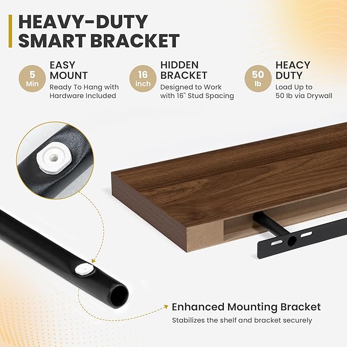 24 Inch Floating Shelves, 9.3" Deep Floating Shelf Wall Mounted, 24" Wall Shelves, Rustic Deep Bookshelf, Large Display Shelves & Storage Shelves for Bedroom, Living Room, Walnut, Set of 2