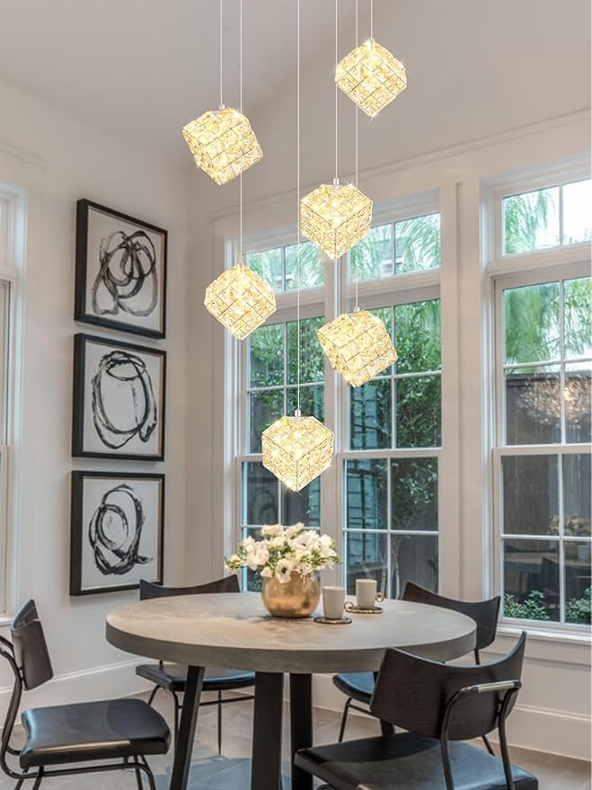 6-Lights Crystal Chandeliers for Staircases Modern Chandeliers for High Ceilings Crystal Pendant Light Fixture for Living Room Kitchen Island Foyer Hallway Bar