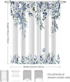 Eucalyptus Shower Curtain, Blue Watercolor Leaves with Floral Botanical Bathroom Decor, Waterproof Fabric Bath Curtain Set with Hooks, 72x78 Inches
