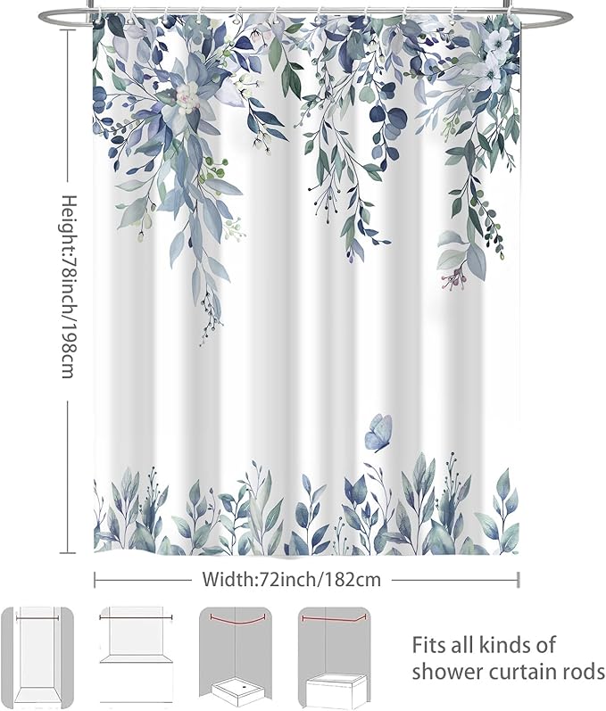 Eucalyptus Shower Curtain, Blue Watercolor Leaves with Floral Botanical Bathroom Decor, Waterproof Fabric Bath Curtain Set with Hooks, 72x78 Inches