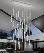 Rectangular Chandeliers 26-Lights Long Light for Entryway LED Dimmable Chandeliers Lighting Fixture Flat Sloped High Ceiling Pendant Lights Crystal for Living Room Foyer Hallway Staircase Silver