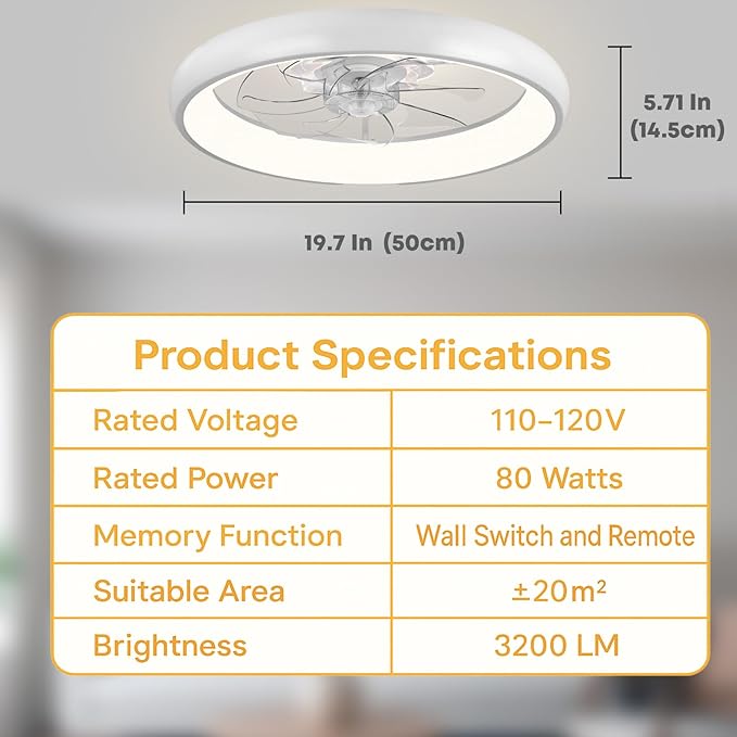 20'' Ceiling Fan with Light, Upgraded Low Profile Fan, Flush Mount Ceiling Fan, 6 Speeds, Dimmable LED, App & Remote Control, Quiet DC Motor, For Bedroom, Living Room, F109 White