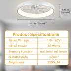 20'' Ceiling Fan with Light, Upgraded Low Profile Fan, Flush Mount Ceiling Fan, 6 Speeds, Dimmable LED, App & Remote Control, Quiet DC Motor, For Bedroom, Living Room, F109 White