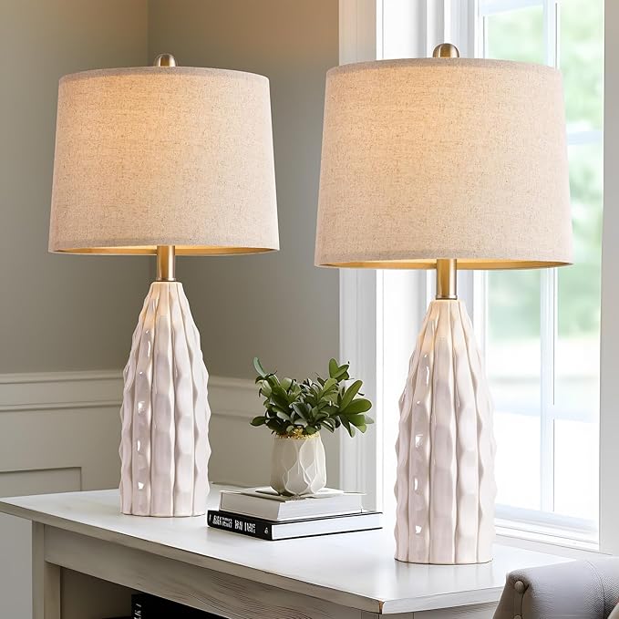 23.75-inch Ceramic Table Lamps Set of 2 for Living Room, Bedside Lamp for Bedroom and Farmhouse Nightstands or End Tables