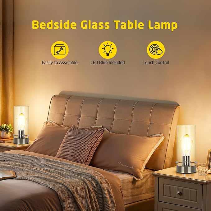 Bedside Nightstand Lampfor Bedroom Living Room, Modern Table Lamp Desk Lamp with Glass Lamp Shape, 2700K 6W Glass Bulb Included(Bronze).
