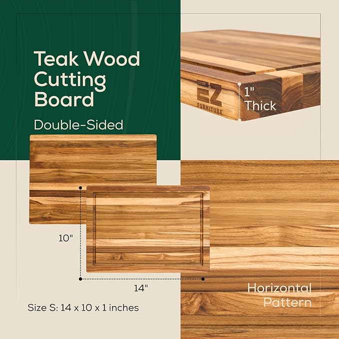 Non-Toxic Teak Wood Cutting Board & Serving Board, Pre-Oiled Edge Grain with Juice Groove and Handles, Knife Friendly, Food Grade Mineral Oil Coating (S 14" x 10" x 1", 3.75 lbs)