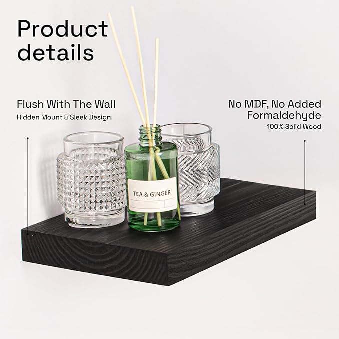 BAOBAB WORKSHOP Solid Wood Floating Shelves for Wall 12 Inch Wide, Small Wooden Shelves for Room Wall Black, 12 in Bathroom Shelves Kitchen Bedroom Rustic Farmhouse, Black Shelf, 12W x 6.7D, Set of 2
