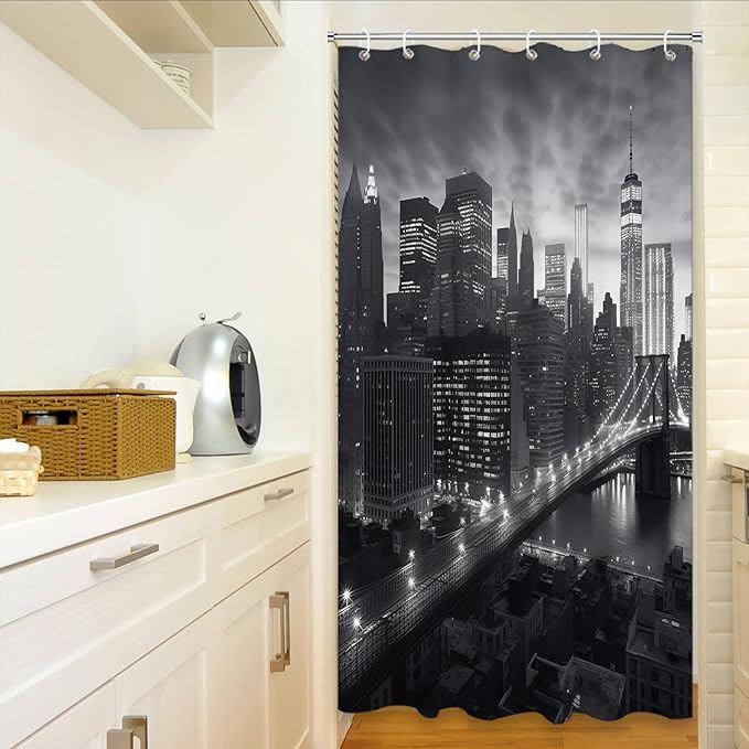 NYC Manhattan Brooklyn Bridge Shower Curtain New York Skyline Building Night View Shower Curtain Set with 12 Hooks 36x72 inch Polyester Machine Washable, Grey and White