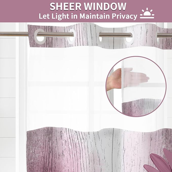 Muuyi Pink Watercolor Floral Shower Curtain,No Hook Shower Curtain,Polyester Shower Curtains with Snap in Fabric,Sheer Top Window for Bathroom Decor,Waterproof & Washable,72W x 75L Inch