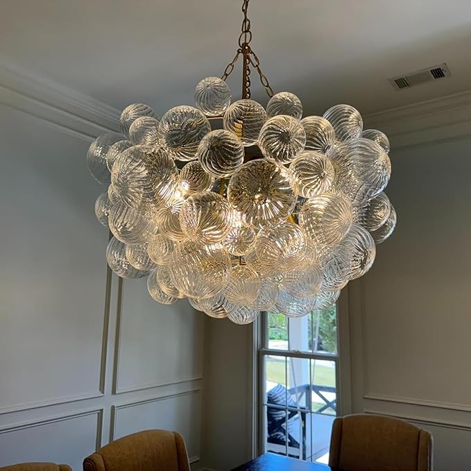 Mid Century Bubble Ball Chandeliers Dia 36 Inch Decorative Lights Swirled Ribbed Glass Clear Blown Glass Globe Chandelier Large Pendant Light Fixture for Bedroom Dining Room Over Table