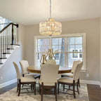 Rattan Chandelier for Dining Room, 4-Light Pendant Light Fixture with White Drum Shade, Adjustable Woven Wicker Flush Mount Ceiling Light, Modern Hanging Lighting for Kitchen Island Entryway