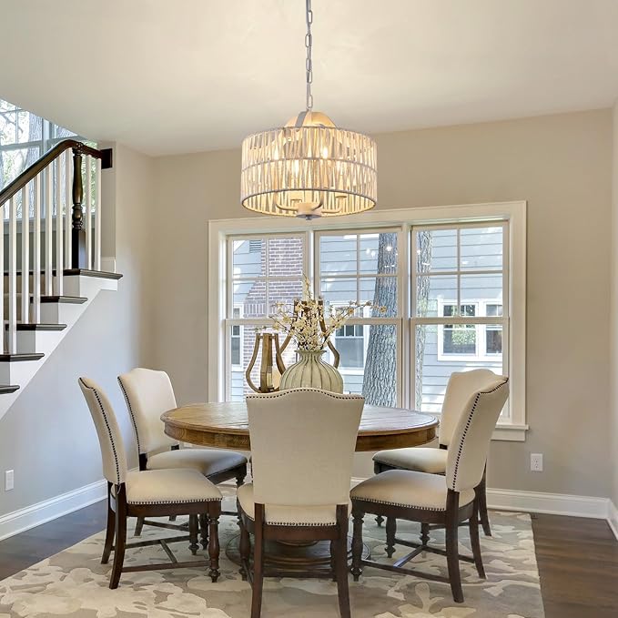 Rattan Chandelier for Dining Room, 4-Light Pendant Light Fixture with White Drum Shade, Adjustable Woven Wicker Flush Mount Ceiling Light, Modern Hanging Lighting for Kitchen Island Entryway