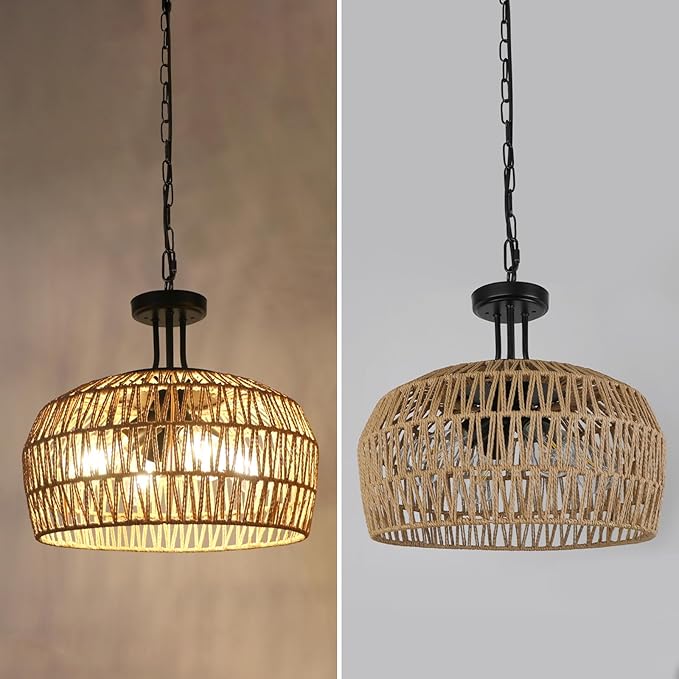 LynPon 18" Farmhouse Rattan Chandelier, 4-Light Boho Pendant Light Fixture with Woven Wicker Shade, Convertible Coastal Hanging or Ceiling Light Fixture for Dining Room Kitchen Living Room Foyer