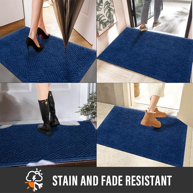 Sturdy Front Door Mat, Absorbent Muddy Dirt Resist Welcome Door Mats Outdoor Indoor, Stain and Fade Resistant, Non-Slip Rubber Backing Low Profile Doormat for Entryway, 36×24, Blue