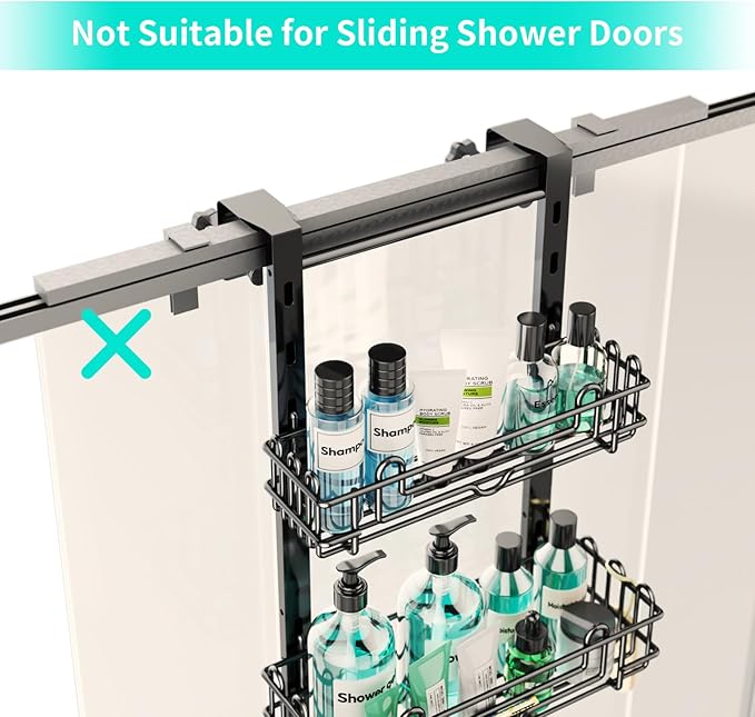 HapiRm 3 Tier Over the Door Shower Caddy, Hanging Shower Caddy with 16 Hooks and 2 Soap Holders, No Drilling Adjustable Hanging Bathroom Organizer - Black