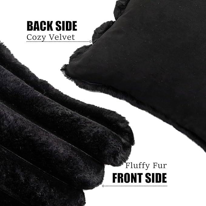 Neelvin Black Faux Fur Cozy Soft Striped Decorative Throw Pillow Covers 24x24 inch Set of 2,Velvet Pillowcase Cushion Case for Sofa Couch