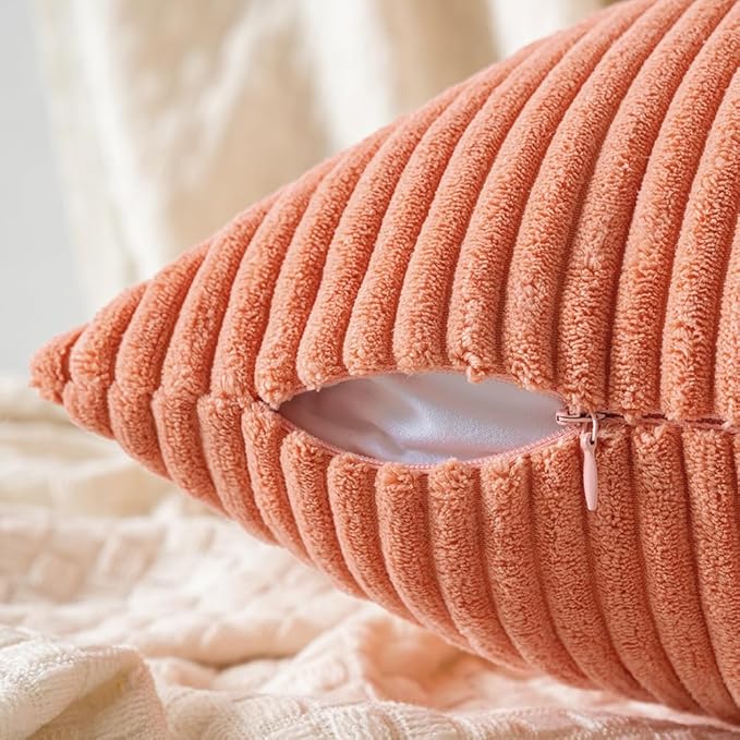 MIULEE Coral Red Corduroy Pillow Covers 16x16 Inch Set of 2 Super Soft Boho Striped Pillow Covers Decorative Textured Throw Pillows for Couch Cushion Bed Livingroom