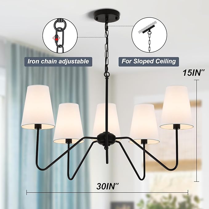 Chandeliers for Dining Room, Modern Pendant Light Fixture Over Table with White Shade Classic Ceiling Hanging Lighting for Living Room Hallway Bedroom, 5-Arm, 30" Dia, Height Adjustable