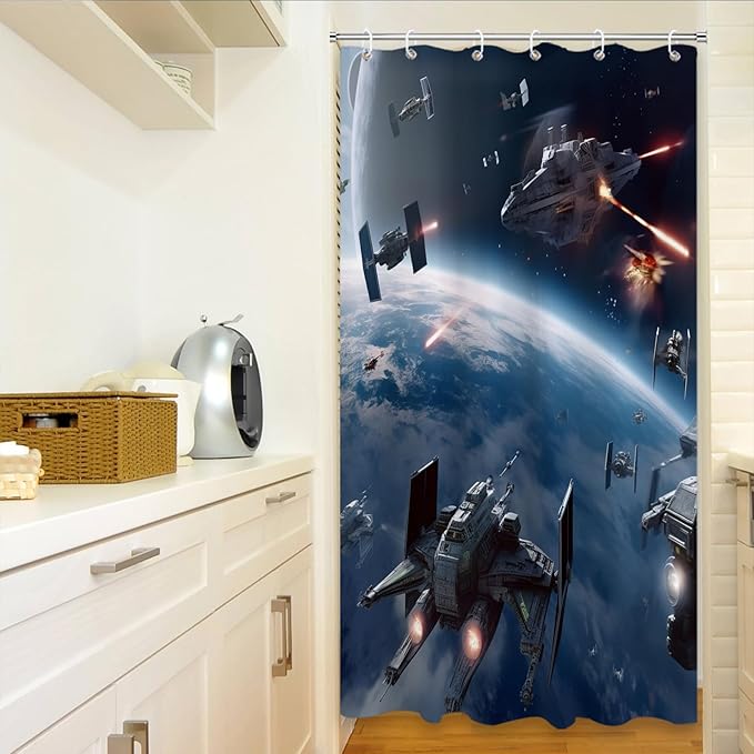 Universe War Cool Shower Curtain Bathroom Bathtubs Funny Planet Science Fiction Movie Theme Fabric Shower Curtain Set with 6 Hooks 36x72 inch Polyester Machine Washable, Blue Grey
