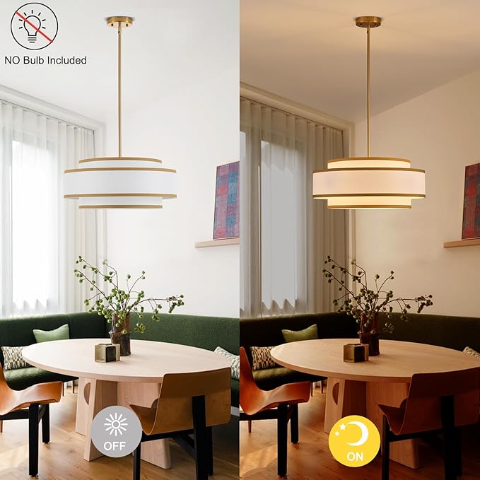 19.7" Gold Drum Chandelier with White Linen Lampshade 4-Light Modern Farmhouse Chandelier Light Fixture for Dining Room, Kitchen Island, Foyer Entryway Bedroom