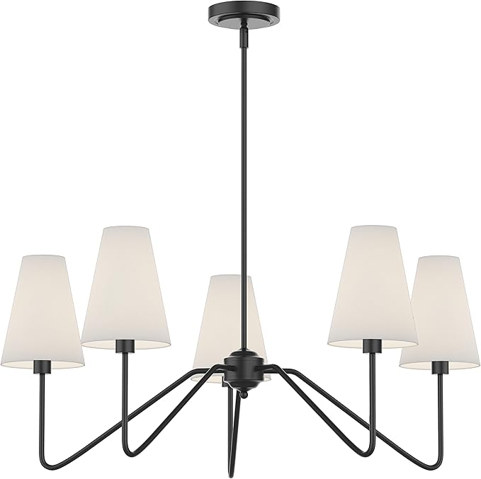 Electro bp;30" Dia 5-Arm Classic Chandeliers Matt Black with White Linen Shades,Light Fixture for Dining Room,Living Room,Bedroom,E12,200W