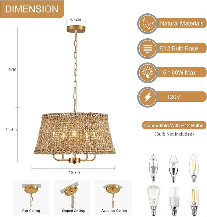 Hand-Woven Rattan Chandelier Vintage Farmhouse Boho Bamboo Chandeliers Light Fixture Retro Drum Wicker Rattan Gold Chandelier for Dining Room, Kitchen, Living Room