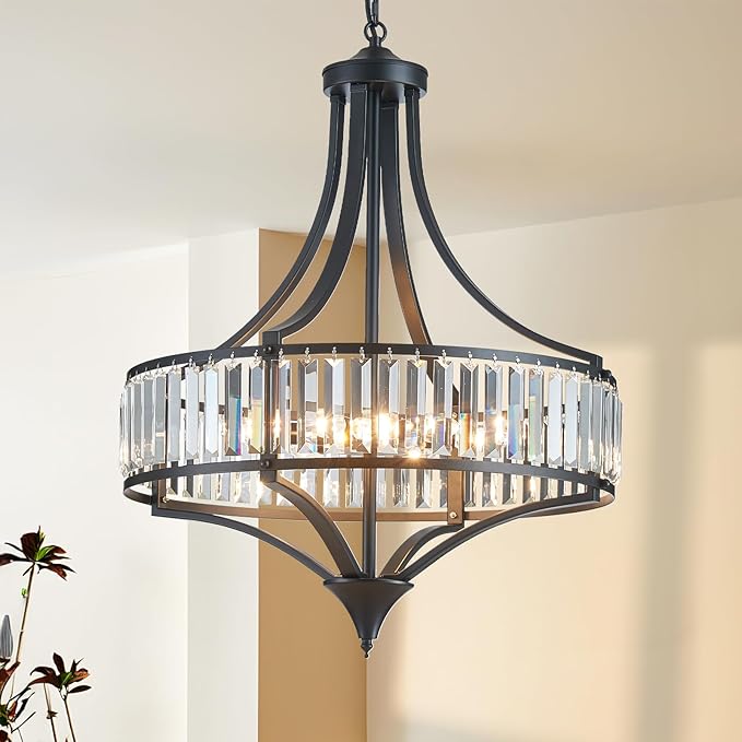 XINGQI Black Crystal Chandeliers for Dining Room, 21.6" Large Rustic Farmhouse Chandelier with Round Metal Shade, 6-Light Dining Room Light Fixture for Kitchen Island Hallway Bedroom