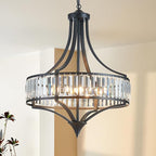 XINGQI Black Crystal Chandeliers for Dining Room, 21.6" Large Rustic Farmhouse Chandelier with Round Metal Shade, 6-Light Dining Room Light Fixture for Kitchen Island Hallway Bedroom
