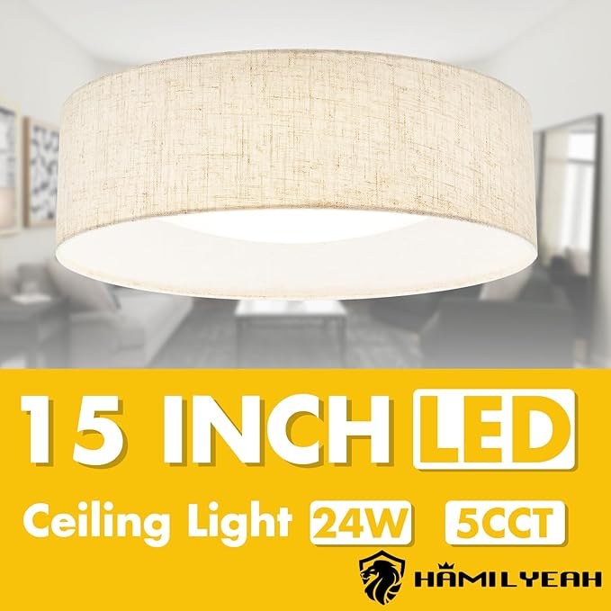 Hamilyeah Flush Mount Ceiling Light 15 inch, 24W LED Lighting Fixture Ceiling Mount for Kitchen, Dimmable Close to Ceiling Lighting Fixture 5CCT for Bedroom, Living Room, Bathroom, Hallway