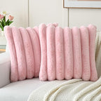 FUTEI Pink Decorative Throw Pillow Covers 20x20 Inch Set of 2, Square Soft Faux Rabbit Fur Big Striped Cushion Cover,Home Decor for Couch Sofa Bed Living Room