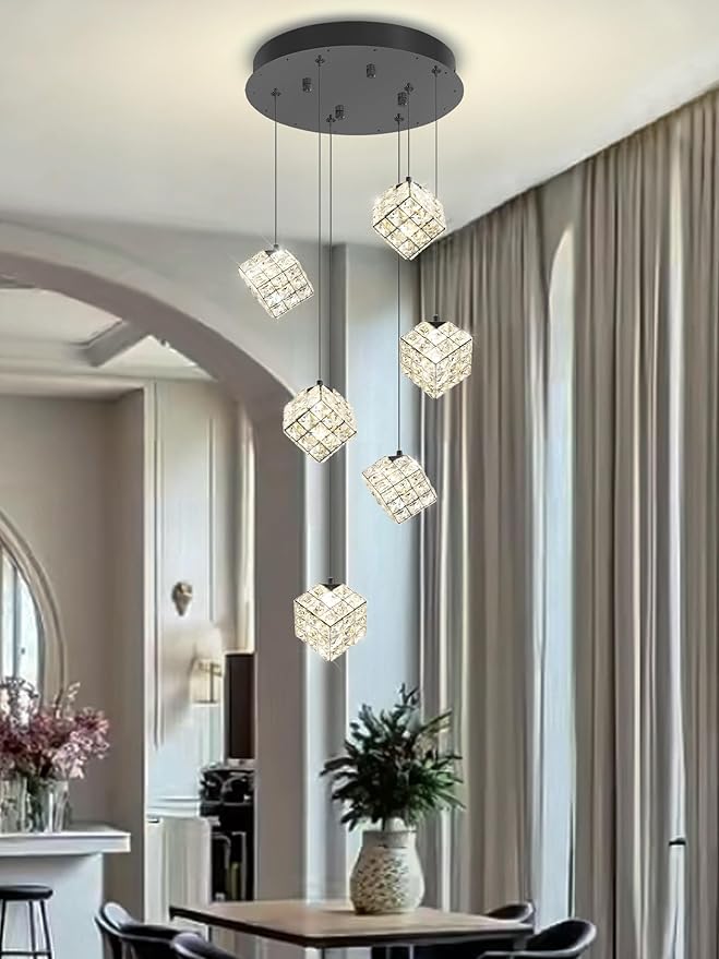 6-Lights Crystal Chandeliers for Staircases Modern Black Chandeliers for High Ceilings Crystal Pendant Light Fixture for Living Room Kitchen Island Foyer Hallway Bar