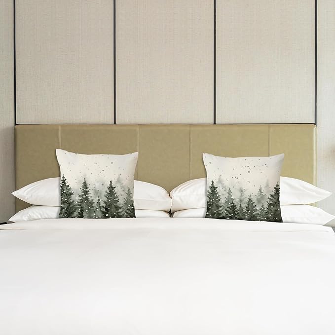 JINYO Rustic Christmas Tree Winter Pillow Covers 18x18, Farmhouse Christmas Decor, Rustic Xmas Winter Forest Nature Snowflake Throw Pillow Covers for Home Living Room Bedroom Set of 2