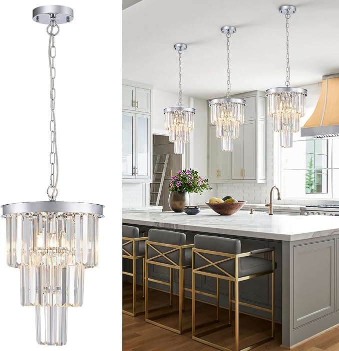 Modern Chrome Crystal Pendant Light, 3 Tiers K9 Crystal Chandelier Mini Ceiling Pendant Light Fixture for Kitchen Island Dining Room Hallway Bedroom Closet