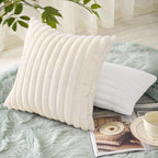 decorUhome Faux Fur Christmas Throw Pillow Covers 16x16 Set of 2, Decorative Soft Plush Striped Neutral Couch Euro Pillow Covers with Velvet Back for Sofa, Bed, Living Room Home Decor, Cream White