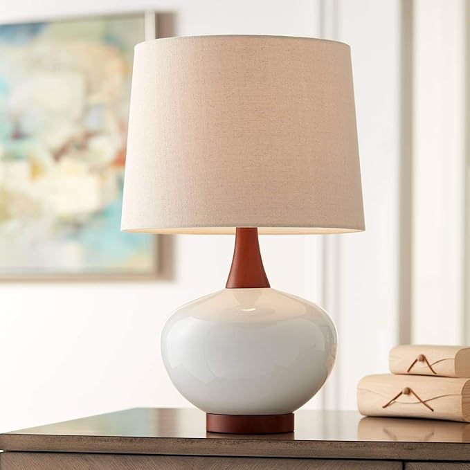 360 Lighting Brice Mid Century Modern Accent Table Lamp 23" High Ivory Ceramic Wood Neck Off White Tapered Drum Shade for Bedroom Living Room House Home Bedside Nightstand Office Family