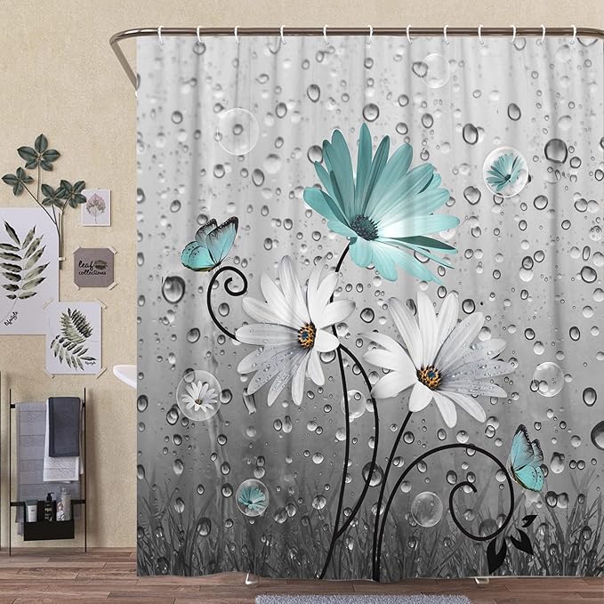 Rustic Farmhouse Teal Floral Shower Curtain, Farm Teal Daisy Flowers and Butterfly Shower Curtain for Bathroom, Country Turquoise Gray Fabric Boho Shower Curtain Set with 12PCS Hooks, 47X64IN
